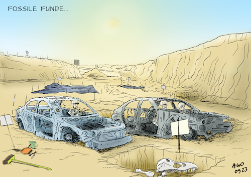 Cartoon: Fossilien (medium) by Ago tagged automobil,iaa,mobility,messe,verbrenner,benziner,diesel,veraltet,auslaufmodelle,klimawandel,umweltschutz,fossilien,dinosaurier,ausgestorben,fahrzeuge,wrack,gestell,skelette,ausgrabungen,wüste,sonne,hitze,technik,wirtschaft,politik,karikatur,cartoon,pressezeichnung,illustration,ago,agostino,natale,automobil,iaa,mobility,messe,verbrenner,benziner,diesel,veraltet,auslaufmodelle,klimawandel,umweltschutz,fossilien,dinosaurier,ausgestorben,fahrzeuge,wrack,gestell,skelette,ausgrabungen,wüste,sonne,hitze,technik,wirtschaft,politik,karikatur,cartoon,pressezeichnung,illustration,ago,agostino,natale