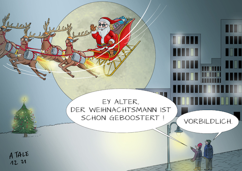 Cartoon: Geboosterte Weihnachten (medium) by Ago tagged corona,virus,covid,neunzehn,pandemie,vierte,welle,hohe,inzidenzen,steigende,auslastung,intensivstationen,neue,mutation,omikron,boostern,dritte,impfung,vorziehen,weihnachten,weihnachtsmann,schlitten,rentiere,santa,claus,turbo,passanten,mond,nacht,politik,caricature,karikatur,cartoon,pressezeichnung,illustration,tale,agostino,natale,corona,virus,covid,neunzehn,pandemie,vierte,welle,hohe,inzidenzen,steigende,auslastung,intensivstationen,neue,mutation,omikron,boostern,dritte,impfung,vorziehen,weihnachten,weihnachtsmann,schlitten,rentiere,santa,claus,turbo,passanten,mond,nacht,politik,caricature,karikatur,cartoon,pressezeichnung,illustration,tale,agostino,natale