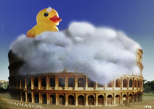 Cartoon: Gladiator (medium) by Ago tagged art,photoshop,composing,surrealismus,quietscheentchen,ente,badewanne,sehenswürdigkeit,colosseum,rome,rom