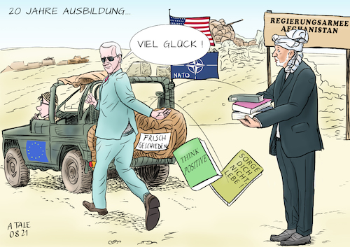 Cartoon: Goodbye Afghanistan (medium) by Ago tagged afghanistan,bürgerkrieg,regierung,ghani,angriff,taliban,radikalislamistisch,rückzug,nato,westen,kapitulation,verfehlte,unterstützung,sinnloser,einsatz,zwanzig,jahre,joe,biden,kramp,karrenbauer,jeep,wüste,stützpunkt,militär,lebensratgeber,bücher,westliche,werte,politik,caricature,karikatur,cartoon,pressezeichnung,illustration,tale,agostino,natale,afghanistan,bürgerkrieg,regierung,ghani,angriff,taliban,radikalislamistisch,rückzug,nato,westen,kapitulation,verfehlte,unterstützung,sinnloser,einsatz,zwanzig,jahre,joe,biden,kramp,karrenbauer,jeep,wüste,stützpunkt,militär,lebensratgeber,bücher,westliche,werte,politik,caricature,karikatur,cartoon,pressezeichnung,illustration,tale,agostino,natale