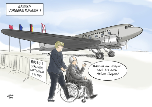 Cartoon: Grexit-Vorbereitungen (medium) by Ago tagged eu,griechenland,eurogruppe,verhandlungen,reformen,reformliste,tsipras,vertrauen,merkel,schäuble,deutschland,deadline,falken,hardliner,gipfel,schuldenkrise,schuldenlast,grexit,europa,euro,austritt,staatspleite,pleite,notfallplan,drachme,währungsunion,rosinenbomber,humanitäre,hilfe,politik,cartoon,wirtschaft,karikatur,eu,griechenland,eurogruppe,verhandlungen,reformen,reformliste,tsipras,vertrauen,merkel,schäuble,deutschland,deadline,falken,hardliner,gipfel,schuldenkrise,schuldenlast,grexit,europa,euro,austritt,staatspleite,pleite,notfallplan,drachme,währungsunion,rosinenbomber,humanitäre,hilfe,politik,cartoon,wirtschaft,karikatur