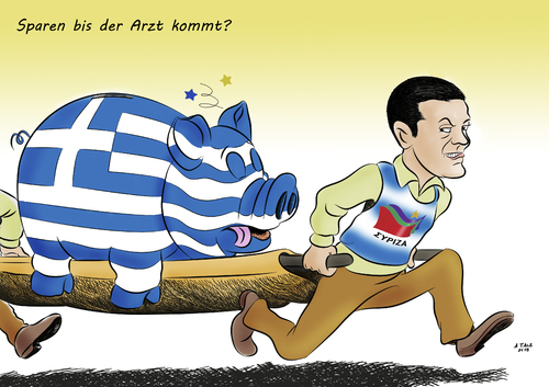 Cartoon: Griechenland Neuwahlen (medium) by Ago tagged griechenland,neuwahlen,2015,wahlen,parlament,eu,sparkurs,austerity,radikale,linke,alexis,tsipras,syriza,populismus,versprechen,konfrontation,grexit,sparvorgaben,bruessel,reformen,perspektive,arbeitslosigkeit,schulden,zinslast,iwf,austritt,euro,eurozone,sparschwein,belastung,sanitaeter,krankentrage,wirtschaft,politik,finanzen,karikatur,cartoon,griechenland,neuwahlen,2015,wahlen,parlament,eu,sparkurs,austerity,radikale,linke,alexis,tsipras,syriza,populismus,versprechen,konfrontation,grexit,sparvorgaben,bruessel,reformen,perspektive,arbeitslosigkeit,schulden,zinslast,iwf,austritt,euro,eurozone,sparschwein,belastung,sanitaeter,krankentrage,wirtschaft,politik,finanzen,karikatur,cartoon