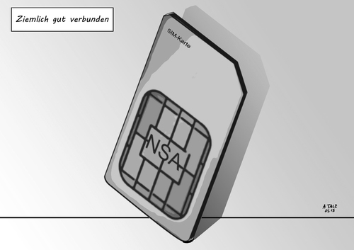 Cartoon: Gut verbunden sw (medium) by Ago tagged sim,karte,chip,handy,smartphone,verbindungen,telefonate,gehackt,hacker,hack,nsa,gchq,usa,england,geheimdienst,spionage,abhoeren,anzapfen,daten,telekommunikation,provider,verschluesselungscode,geknackt,spaeh,attacke,enthuellung,the,intercept,whistkeblower,edward,snowden,gemalto,politik,sicherheit,privatsphaere,cartoon,karikatur,illustration