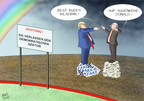 Cartoon: Gute Freunde... (medium) by Ago tagged präsident,donald,trump,usa,russland,wladimir,putin,verhandlungen,krieg,ukraine,außenpolitik,bündnisse,nato,westen,eu,demokratien,konfrontation,abkehr,abzug,schutz,europa,populismus,annäherung,autokratien,diktaturen,regenbogen,schädel,fake,politik,caricature,karikatur,cartoon,pressezeichnung,illustration,ago,agostino,natale,präsident,donald,trump,usa,russland,wladimir,putin,verhandlungen,krieg,ukraine,außenpolitik,bündnisse,nato,westen,eu,demokratien,konfrontation,abkehr,abzug,schutz,europa,populismus,annäherung,autokratien,diktaturen,regenbogen,schädel,fake,politik,caricature,karikatur,cartoon,pressezeichnung,illustration,ago,agostino,natale