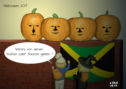 Cartoon: Halloween 2017 (medium) by Ago tagged bundestagswahl,2017,regierungsbildung,schwierige,verhandlungen,koalitionsbildung,jamaika,koalition,schwarz,gelb,gruen,cdu,csu,fdp,buendnis,90,die,gruenen,angela,merkel,horst,seehofer,christian,lindner,cem,oezdemir,parteien,unterschiedliche,positionen,werte,forderungen,kompromisse,streitpunkte,umweltschutz,wirtschaft,immigration,fluechtlingsproblematik,asyl,einwanderungsgesetz,abschaffung,soli,solidaritaetszuschlag,halloween,kürbis,verkleidung,süßes,saures,trick,or,treat,politik,karikatur,cartoon,pressezeichnung,illustration,tale,agostino,natale,bundestagswahl,2017,regierungsbildung,schwierige,verhandlungen,koalitionsbildung,jamaika,koalition,schwarz,gelb,gruen,cdu,csu,fdp,buendnis,90,die,gruenen,angela,merkel,horst,seehofer,christian,lindner,cem,oezdemir,parteien,unterschiedliche,positionen,werte,forderungen,kompromisse,streitpunkte,umweltschutz,wirtschaft,immigration,fluechtlingsproblematik,asyl,einwanderungsgesetz,abschaffung,soli,solidaritaetszuschlag,halloween,kürbis,verkleidung,süßes,saures,trick,or,treat,politik,karikatur,cartoon,pressezeichnung,illustration,tale,agostino,natale