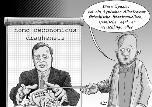 Cartoon: Homo oeconomicus draghensis sw (medium) by Ago tagged ezb,europäische,finanzbank,präsident,mario,draghi,anleihekäufe,staatsanleihen,wertpapiere,massive,ankäufe,euro,eurozone,ankaufprogramm,geldschwemme,geldmenge,regulieren,gegenmittel,deflation,ramschpapiere,risiko,kritik,griechenland,krisenländer,wirtschaft,ankurbeln,wachstum,quantitative,easing,qe,schautafel,professor,cartoon,karikatur,illustration