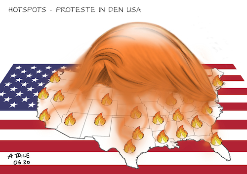 Cartoon: Hotspots in den USA (medium) by Ago tagged usa,vereinigte,staaten,amerika,rassismus,polizeigewalt,präsident,donald,trump,mangelnde,distanzierung,aufwiegler,feuer,schüren,drohungen,militäreinsatz,eskalation,demonstrationen,proteste,weltweit,black,lives,matter,diskriminierung,xenophobie,opfer,polizeieinsatz,george,floyd,flammen,rauchwolke,perücke,politik,caricature,karikatur,cartoon,pressezeichnung,illustration,tale,agostino,natale,usa,vereinigte,staaten,amerika,rassismus,polizeigewalt,präsident,donald,trump,mangelnde,distanzierung,aufwiegler,feuer,schüren,drohungen,militäreinsatz,eskalation,demonstrationen,proteste,weltweit,black,lives,matter,diskriminierung,xenophobie,opfer,polizeieinsatz,george,floyd,flammen,rauchwolke,perücke,politik,caricature,karikatur,cartoon,pressezeichnung,illustration,tale,agostino,natale