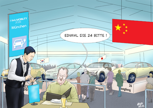 Cartoon: IAA 2025 (medium) by Ago tagged iaa,automobil,ausstellung,fachmesse,münchen,pkw,fahrzeuge,leistungsschau,trends,elektromobilität,krise,deutschland,marken,absatzrückgang,innovation,konkurrenz,fernost,china,preiskampf,bestellung,essen,besucher,karikatur,cartoon,pressezeichnung,illustration,ago,agostino,natale,iaa,automobil,ausstellung,fachmesse,münchen,pkw,fahrzeuge,leistungsschau,trends,elektromobilität,krise,deutschland,marken,absatzrückgang,innovation,konkurrenz,fernost,china,preiskampf,bestellung,essen,besucher,karikatur,cartoon,pressezeichnung,illustration,ago,agostino,natale