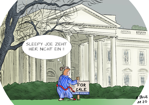 Cartoon: Immobilie in bester Lage... (medium) by Ago tagged usa,präsidentschaftswahl,joe,biden,demokrat,sieger,neuer,präsident,amtsinhaber,donald,trump,republikaner,wahlniederlage,anfechtung,klagewelle,schlechter,verlierer,falschheit,lügner,falsche,behauptungen,wahlfälschung,fake,verweigerung,eingeständnis,niederlage,egomane,narzisst,boshaft,starrsinn,uneinsichtig,behindern,blockieren,verkaufen,weißes,haus,washington,amtssitz,politik,caricature,karikatur,cartoon,pressezeichnung,illustration,tale,agostino,natale,usa,präsidentschaftswahl,joe,biden,demokrat,sieger,neuer,präsident,amtsinhaber,donald,trump,republikaner,wahlniederlage,anfechtung,klagewelle,schlechter,verlierer,falschheit,lügner,falsche,behauptungen,wahlfälschung,fake,verweigerung,eingeständnis,niederlage,egomane,narzisst,boshaft,starrsinn,uneinsichtig,behindern,blockieren,verkaufen,weißes,haus,washington,amtssitz,politik,caricature,karikatur,cartoon,pressezeichnung,illustration,tale,agostino,natale