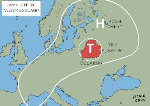 Cartoon: Kaiserwetter (medium) by Ago tagged weißrussland,belarus,präsidentschaftswahl,langzeit,präsident,alexander,lukaschenko,autokratie,sechste,amtszeit,scheindemokratie,repressalien,verfolgung,opposition,unterdrückung,machtapparat,militär,polizei,geheimdienst,loyal,herausforderin,swetlana,tichanowskaja,hoch,tief,isobaren,sommer,europa,politik,caricature,karikatur,cartoon,pressezeichnung,illustration,tale,agostino,natale,weißrussland,belarus,präsidentschaftswahl,langzeit,präsident,alexander,lukaschenko,autokratie,sechste,amtszeit,scheindemokratie,repressalien,verfolgung,opposition,unterdrückung,machtapparat,militär,polizei,geheimdienst,loyal,herausforderin,swetlana,tichanowskaja,hoch,tief,isobaren,sommer,europa,politik,caricature,karikatur,cartoon,pressezeichnung,illustration,tale,agostino,natale