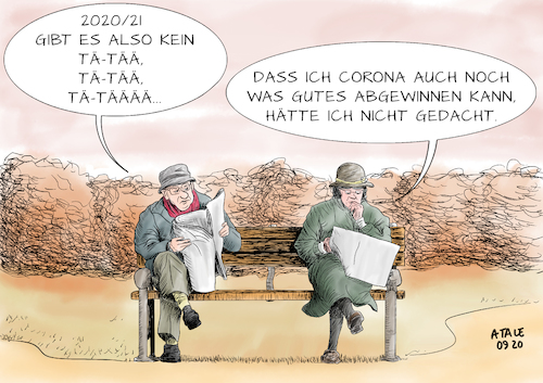 Cartoon: Kein Tä-Tää Tä-Tää (medium) by Ago tagged nordrhein,westfalen,landesregierung,vereine,karnevalisten,treffen,einigung,einschränkungen,karneval,ausfall,sitzungskarneval,straßenkarneval,hochburgen,närrisches,treiben,auflagen,social,distancing,abstand,corona,pandemie,covid,neunzehn,steigende,infektionszahlen,paar,zeitung,lesen,bank,faschingsmuffel,politik,caricature,karikatur,cartoon,pressezeichnung,illustration,tale,agostino,natale,tä,tää,nordrhein,westfalen,landesregierung,vereine,karnevalisten,treffen,einigung,einschränkungen,karneval,ausfall,sitzungskarneval,straßenkarneval,hochburgen,närrisches,treiben,auflagen,social,distancing,abstand,corona,pandemie,covid,neunzehn,steigende,infektionszahlen,paar,zeitung,lesen,bank,faschingsmuffel,politik,caricature,karikatur,cartoon,pressezeichnung,illustration,tale,agostino,natale