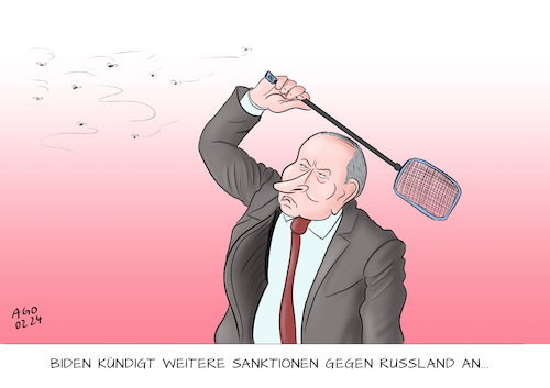 Cartoon: Lästig aber harmlos ? (medium) by Ago tagged usa,präsident,biden,sanktionen,russland,putin,ukraine,angriff,überfall,krieg,jahrestag,tod,nawalny,reaktion,westen,nato,eu,zweifel,nutzen,dauer,fliegen,lästig,fliegenklatsche,politik,caricature,karikatur,cartoon,pressezeichnung,illustration,ago,agostino,natale,usa,präsident,biden,sanktionen,russland,putin,ukraine,angriff,überfall,krieg,jahrestag,tod,nawalny,reaktion,westen,nato,eu,zweifel,nutzen,dauer,fliegen,lästig,fliegenklatsche,politik,caricature,karikatur,cartoon,pressezeichnung,illustration,ago,agostino,natale