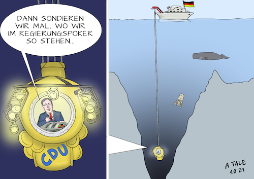 Cartoon: Laschet sondiert... (medium) by Ago tagged bundestagswahl,deutschland,cdu,armin,laschet,niederlage,kanzlerkandidat,hohe,verluste,wählerstimmen,sondierungsgespräche,fdp,grünen,geringe,chancen,zweckoptimismus,klammern,realitätsverlust,tauchkapsel,sondieren,marianengraben,tief,unten,politik,caricature,karikatur,cartoon,pressezeichnung,illustration,tale,agostino,natale,bundestagswahl,deutschland,cdu,armin,laschet,niederlage,kanzlerkandidat,hohe,verluste,wählerstimmen,sondierungsgespräche,fdp,grünen,geringe,chancen,zweckoptimismus,klammern,realitätsverlust,tauchkapsel,sondieren,marianengraben,tief,unten,politik,caricature,karikatur,cartoon,pressezeichnung,illustration,tale,agostino,natale