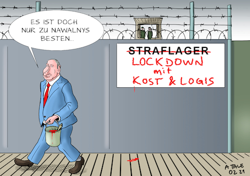 Cartoon: Lockdown a la Kreml (medium) by Ago tagged russland,putin,präsident,autokratie,regime,verurteilung,verhaftung,nawalny,kremlkritiker,straflager,unterdrückung,opposition,machtmissbrauch,zynismus,lockdown,unterkunft,verpflegung,politik,caricature,karikatur,cartoon,pressezeichnung,illustration,tale,agostino,natale,russland,putin,präsident,autokratie,regime,verurteilung,verhaftung,nawalny,kremlkritiker,straflager,unterdrückung,opposition,machtmissbrauch,zynismus,lockdown,unterkunft,verpflegung,politik,caricature,karikatur,cartoon,pressezeichnung,illustration,tale,agostino,natale