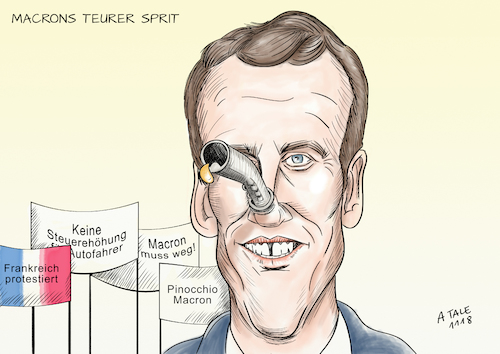 Cartoon: Macrons teurer Sprit (medium) by Ago tagged emmanuel,macron,frankreich,staatspräsident,proteste,bevölkerung,blockaden,gilets,jaunes,steuererhöhung,umweltschutz,benzin,diesel,abgabenbelastung,vorwurf,sozial,unausgewogen,wahlversprechen,pinocchio,lange,nase,tankzapfen,politik,karikatur,cartoon,pressezeichnung,illustration,tale,agostino,natale,emmanuel,macron,frankreich,staatspräsident,proteste,bevölkerung,blockaden,gilets,jaunes,steuererhöhung,umweltschutz,benzin,diesel,abgabenbelastung,vorwurf,sozial,unausgewogen,wahlversprechen,pinocchio,lange,nase,tankzapfen,politik,karikatur,cartoon,pressezeichnung,illustration,tale,agostino,natale