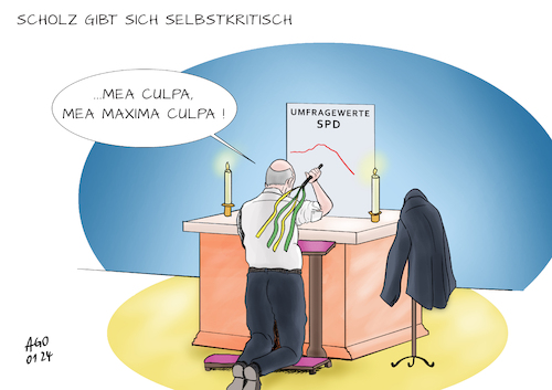 Cartoon: Mea culpa (medium) by Ago tagged olaf,scholz,bundeskanzler,interview,zeit,wochenzeitung,selbstkritik,fehler,bundesregierung,ampelkoalition,spd,grüne,fdp,umfragewerte,desaströs,kritik,krise,streiks,populismus,rechtsextremisten,haushalt,schuldenbremse,rezession,klimapolitik,selbstgeißelung,auspeitschen,sünder,reue,politik,caricature,karikatur,cartoon,pressezeichnung,illustration,ago,agostino,natale,olaf,scholz,bundeskanzler,interview,zeit,wochenzeitung,selbstkritik,fehler,bundesregierung,ampelkoalition,spd,grüne,fdp,umfragewerte,desaströs,kritik,krise,streiks,populismus,rechtsextremisten,haushalt,schuldenbremse,rezession,klimapolitik,selbstgeißelung,auspeitschen,sünder,reue,politik,caricature,karikatur,cartoon,pressezeichnung,illustration,ago,agostino,natale