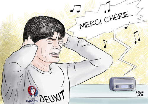 Cartoon: Merci cherie (medium) by Ago tagged fussball,em,euro,2016,europameisterschaft,frankreich,halbfinale,marseille,deutschland,null,zu,zwei,niederlage,verloren,ausgeschieden,elfmeter,handelfmeter,schweinsteiger,handspiel,trainer,joachim,jogi,loew,verzweifelt,radio,merci,cherie,chanson,lied,sport,karikatur,cartoon,fussball,em,euro,2016,europameisterschaft,frankreich,halbfinale,marseille,deutschland,null,zu,zwei,niederlage,verloren,ausgeschieden,elfmeter,handelfmeter,schweinsteiger,handspiel,trainer,joachim,jogi,loew,verzweifelt,radio,merci,cherie,chanson,lied,sport,karikatur,cartoon