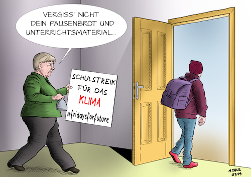 Cartoon: Merkel for future (medium) by Ago tagged angela,merkel,lob,unterstützung,videopodcast,schülerproteste,demonstrationen,freitagsdemos,politisches,engagement,klimaschutz,schule,schwänzen,schulstreik,anwesenheitspflicht,debatte,kontroverse,fridayforfuture,bewegung,umwelt,zukunft,greta,thunberg,politik,karikatur,cartoon,pressezeichnung,illustration,tale,agostino,natale,angela,merkel,lob,unterstützung,videopodcast,schülerproteste,demonstrationen,freitagsdemos,politisches,engagement,klimaschutz,schule,schwänzen,schulstreik,anwesenheitspflicht,debatte,kontroverse,fridayforfuture,bewegung,umwelt,zukunft,greta,thunberg,politik,karikatur,cartoon,pressezeichnung,illustration,tale,agostino,natale