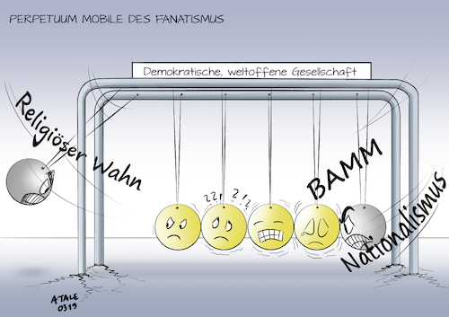 Cartoon: Perpetuum mobile des Fanatismus (medium) by Ago tagged anschlag,neuseeland,christchurch,terror,tote,moscheen,rassist,extremist,terrorist,rechtsradikal,nationalist,fanatismus,provokation,furcht,gegenreaktion,eskalation,religiöser,wahn,fundamentalismus,gefährdung,demokratie,perpetuum,mobile,kugelpendel,politik,karikatur,cartoon,pressezeichnung,illustration,tale,agostino,natale,anschlag,neuseeland,christchurch,terror,tote,moscheen,rassist,extremist,terrorist,rechtsradikal,nationalist,fanatismus,provokation,furcht,gegenreaktion,eskalation,religiöser,wahn,fundamentalismus,gefährdung,demokratie,perpetuum,mobile,kugelpendel,politik,karikatur,cartoon,pressezeichnung,illustration,tale,agostino,natale