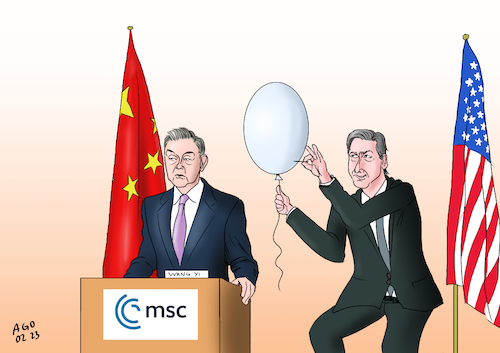 Cartoon: Politik der Nadelstiche (medium) by Ago tagged msc,münchen,sicherheitskonferenz,siko,usa,china,außemminister,blinken,wang,yi,überwachungsballon,luftraum,verdacht,spionage,abschuss,verstimmungen,rauer,ton,diskrepanzen,krieg,russland,souveränität,taiwan,luftballon,piksen,nadelstiche,knall,überraschen,erschrecken,ärgern,politik,caricature,karikatur,cartoon,pressezeichnung,illustration,ago,agostino,natale,msc,münchen,sicherheitskonferenz,siko,usa,china,außemminister,blinken,wang,yi,überwachungsballon,luftraum,verdacht,spionage,abschuss,verstimmungen,rauer,ton,diskrepanzen,krieg,russland,souveränität,taiwan,luftballon,piksen,nadelstiche,knall,überraschen,erschrecken,ärgern,politik,caricature,karikatur,cartoon,pressezeichnung,illustration,ago,agostino,natale