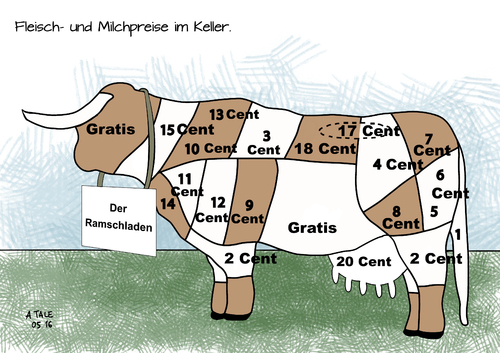 Cartoon: Ramschladen Kuh (medium) by Ago tagged agrarwirtschaft,landwirte,bauern,preise,fleisch,wurst,milch,milchprodukte,molkereien,dumping,tiefstpreise,20,cent,ueberangebot,supermaerkte,eu,europa,abschaffung,milchquoten,agrarminister,christian,schmidt,hilfen,unterstuetzung,demonstrationen,milchgipfel,cartoon,schaubild,wirtschaft,politik,rind,kuh,karikatur,agrarwirtschaft,landwirte,bauern,preise,fleisch,wurst,milch,milchprodukte,molkereien,dumping,tiefstpreise,20,cent,ueberangebot,supermaerkte,eu,europa,abschaffung,milchquoten,agrarminister,christian,schmidt,hilfen,unterstuetzung,demonstrationen,milchgipfel,cartoon,schaubild,wirtschaft,politik,rind,kuh,karikatur