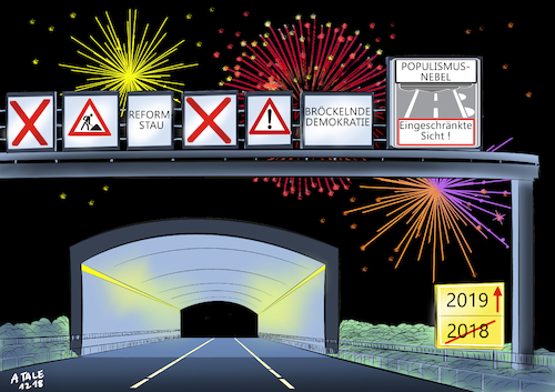 Cartoon: Richtung 2019 (medium) by Ago tagged neujahr,silvester,2019,unbewältigte,krisen,politik,globale,probleme,populismus,autokratien,intoleranz,xenophobie,vereinfachung,konfrontation,jeder,gegen,jeden,autobahn,tunnel,feuerwerk,warnschilder,karikatur,cartoon,pressezeichnung,illustration,tale,agostino,natale,neujahr,silvester,2019,unbewältigte,krisen,politik,globale,probleme,populismus,autokratien,intoleranz,xenophobie,vereinfachung,konfrontation,jeder,gegen,jeden,autobahn,tunnel,feuerwerk,warnschilder,karikatur,cartoon,pressezeichnung,illustration,tale,agostino,natale