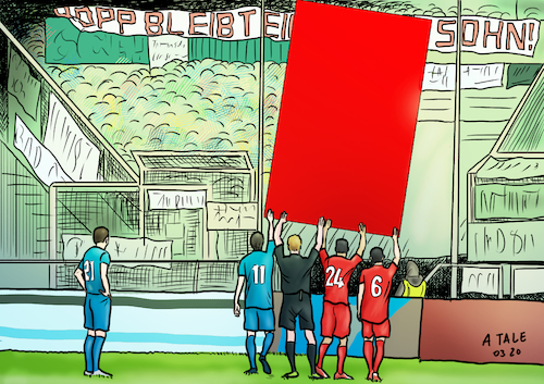 Cartoon: Rote Karte (medium) by Ago tagged fußball,bundesliga,tsg,hoffenheim,bayern,münchen,eklat,skandal,mäzen,dietmar,hoppe,ultras,fans,gegner,schmähungen,beleidigungen,derb,vulgär,exzessiv,holzhammer,parolen,spielunterbrechung,lob,spieler,verantwortliche,angemessene,reaktion,ausgewogen,fairplay,rote,karte,stadion,sport,caricature,karikatur,cartoon,pressezeichnung,illustration,tale,agostino,natale,fußball,bundesliga,tsg,hoffenheim,bayern,münchen,eklat,skandal,mäzen,dietmar,hoppe,ultras,fans,gegner,schmähungen,beleidigungen,derb,vulgär,exzessiv,holzhammer,parolen,spielunterbrechung,lob,spieler,verantwortliche,angemessene,reaktion,ausgewogen,fairplay,rote,karte,stadion,sport,caricature,karikatur,cartoon,pressezeichnung,illustration,tale,agostino,natale