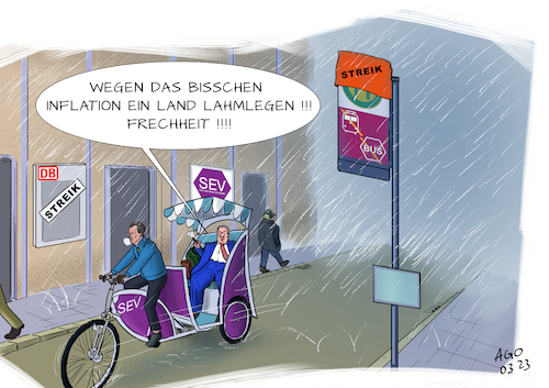 Cartoon: Schienenersatzverkehr (medium) by Ago tagged tarifverhandlungen,warnstreiks,gewerkschaften,verdi,evg,streik,ausstand,einstellung,betrieb,ausfälle,flughäfen,deutsche,bahn,nahverkehr,forderungen,lohnerhöhungen,inflationsausgleich,kaufkraftverlust,arbeitgeber,bund,länder,kommunen,unwillen,sev,rikscha,wirtschaft,politik,caricature,karikatur,cartoon,pressezeichnung,illustration,ago,agostino,natale,tarifverhandlungen,warnstreiks,gewerkschaften,verdi,evg,streik,ausstand,einstellung,betrieb,ausfälle,flughäfen,deutsche,bahn,nahverkehr,forderungen,lohnerhöhungen,inflationsausgleich,kaufkraftverlust,arbeitgeber,bund,länder,kommunen,unwillen,sev,rikscha,wirtschaft,politik,caricature,karikatur,cartoon,pressezeichnung,illustration,ago,agostino,natale