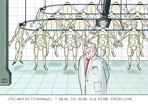 Cartoon: Schöne neue Arbeitswelt (medium) by Ago tagged tag,der,arbeit,maifeiertag,fachkräftemangel,arbeitnehmer,angestellte,zukunft,perspektive,arbeitswelt,ki,roboter,künstliche,intelligenz,ersatz,mensch,überflüssig,produktionshalle,arbeitgeber,zufrieden,wirtschaft,politik,caricature,karikatur,cartoon,pressezeichnung,illustration,ago,agostino,natale,tag,der,arbeit,maifeiertag,fachkräftemangel,arbeitnehmer,angestellte,zukunft,perspektive,arbeitswelt,ki,roboter,künstliche,intelligenz,ersatz,mensch,überflüssig,produktionshalle,arbeitgeber,zufrieden,wirtschaft,politik,caricature,karikatur,cartoon,pressezeichnung,illustration,ago,agostino,natale