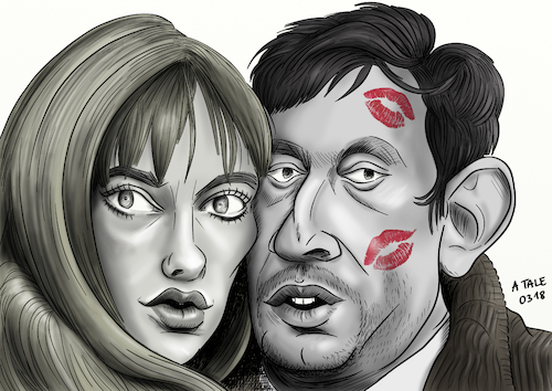 Cartoon: Serge Gainsbourg mit Jane Birkin (medium) by Ago tagged serge,gainsbourg,jane,birkin,sänger,musiker,chansonnier,komponist,frankreich,karikatur,porträt,gesicht,zeichnung,illustration,bild,caricature,tale,agostino,natale,serge,gainsbourg,jane,birkin,sänger,musiker,chansonnier,komponist,frankreich,karikatur,porträt,gesicht,zeichnung,illustration,bild,caricature,tale,agostino,natale