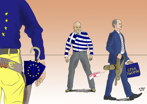 Cartoon: Showdown (medium) by Ago tagged karikatur,cartoon,politik,wirtschaft,grexit,bankrott,kampf,ungleicher,showdown,varoufakis,finanzminister,europa,euro,eu,austritt,drohung,troika,februar,ende,frist,verhandlungen,hilfsfond,rettungsschirm,sparprogramm,iwf,ezb,griechenland,griechenland,ezb,iwf,sparprogramm,rettungsschirm,hilfsfond,verhandlungen,frist,ende,februar,troika,drohung,austritt,eu,euro,europa,finanzminister,varoufakis,showdown,ungleicher,kampf,bankrott,wirtschaft,politik,cartoon,karikatur