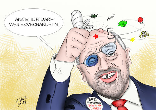 Cartoon: SPD Parteitag (medium) by Ago tagged bundestagswahl,2017,spd,vorsitzender,martin,schulz,bundesparteitag,bonn,2018,abstimmung,aufnahme,koalitionsverhandlung,grosse,koalition,groko,regierungsbildung,cdu,csu,angela,merkel,sondierungspapier,parteibasis,jusos,viele,dagegen,zustimmung,knappe,entscheidung,kontroverse,debatte,unterschiedliche,positionen,werte,forderungen,kompromisse,streitpunkte,blaues,auge,ramponiert,schläge,einstecken,politik,karikatur,cartoon,pressezeichnung,illustration,tale,agostino,natale,bundestagswahl,2017,spd,vorsitzender,martin,schulz,bundesparteitag,bonn,2018,abstimmung,aufnahme,koalitionsverhandlung,grosse,koalition,groko,regierungsbildung,cdu,csu,angela,merkel,sondierungspapier,parteibasis,jusos,viele,dagegen,zustimmung,knappe,entscheidung,kontroverse,debatte,unterschiedliche,positionen,werte,forderungen,kompromisse,streitpunkte,blaues,auge,ramponiert,schläge,einstecken,politik,karikatur,cartoon,pressezeichnung,illustration,tale,agostino,natale