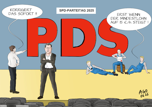 Cartoon: SPD Protestparteitag (medium) by Ago tagged spd,parteitag,berlin,groko,regierung,wahl,parteivorsitz,lars,klingbeil,finanzminister,kritik,unmut,parteibasis,linke,manifest,krieg,rüstungspolitik,wahlversprechen,mindestlohn,politik,caricature,karikatur,cartoon,pressezeichnung,illustration,ago,agostino,natale,spd,parteitag,berlin,groko,regierung,wahl,parteivorsitz,lars,klingbeil,finanzminister,kritik,unmut,parteibasis,linke,manifest,krieg,rüstungspolitik,wahlversprechen,mindestlohn,politik,caricature,karikatur,cartoon,pressezeichnung,illustration,ago,agostino,natale