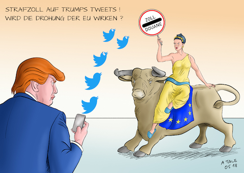 Cartoon: Strafzoll auf Trumps Tweets (medium) by Ago tagged donald,trump,usa,präsident,handelskrieg,eu,differenzen,kontroversen,streit,freihandel,strafzölle,zoll,stahl,aluminium,fahrzeuge,export,import,außenhandel,bilanz,aufschub,androhung,gegenmaßnahmen,sanktionen,europa,stier,tweets,twittern,smartphone,schwächung,gefahr,protektionismus,wirtschaft,politik,karikatur,cartoon,pressezeichnung,illustration,tale,agostino,natale,donald,trump,usa,präsident,handelskrieg,eu,differenzen,kontroversen,streit,freihandel,strafzölle,zoll,stahl,aluminium,fahrzeuge,export,import,außenhandel,bilanz,aufschub,androhung,gegenmaßnahmen,sanktionen,europa,stier,tweets,twittern,smartphone,schwächung,gefahr,protektionismus,wirtschaft,politik,karikatur,cartoon,pressezeichnung,illustration,tale,agostino,natale