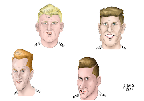 Cartoon: Sturm-Quartett (medium) by Ago tagged wm,weltmeisterschaft,fußball,2018,russland,lulian,draxler,marco,reus,mario,gomez,timo,werner,sport,karikatur,cartoon,pressezeichnung,illustration,tale,agostino,natale