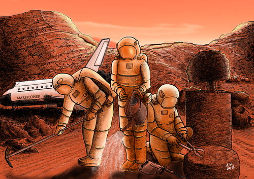 Cartoon: Wasser auf dem Mars (medium) by Ago tagged astronauten,space,weltraum,gartenarbeiten,besiedeln,zukunft,vision,wasser,spuren,fotos,sonde,nasa,mars