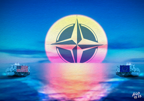 Cartoon: Transatlantische Dämmerung (medium) by Ago tagged usa,eu,europa,präsident,trump,maga,transatlantische,beziehungen,nato,westen,wertegemeinschaft,abendland,alte,welt,bruch,allianzen,bündnisse,trennung,gewissheiten,freund,feind,schema,umkehrung,egozentrik,populismus,america,first,dämmerung,sonnenuntergang,meer,schiffe,logo,collage,politik,caricature,karikatur,cartoon,pressezeichnung,illustration,ago,agostino,natale,usa,eu,europa,präsident,trump,maga,transatlantische,beziehungen,nato,westen,wertegemeinschaft,abendland,alte,welt,bruch,allianzen,bündnisse,trennung,gewissheiten,freund,feind,schema,umkehrung,egozentrik,populismus,america,first,dämmerung,sonnenuntergang,meer,schiffe,logo,collage,politik,caricature,karikatur,cartoon,pressezeichnung,illustration,ago,agostino,natale