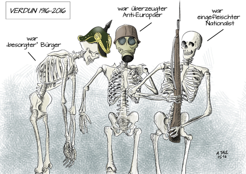 Cartoon: Verdun 1916 - 2016 (medium) by Ago tagged erster,weltkrieg,krieg,schlacht,verdun,frankreich,1916,100,jahre,gedenken,merkel,hollande,deutschland,aussoehnung,partner,vorbilder,soldatenfriedhof,consenvoye,kranzniederlegung,erinnerung,frieden,europa,ueberwindung,nationalismus,vorurteile,abgrenzung,abschottung,besorgte,buerger,antieuropa,tendenzen,skelette,tote,pickelhaube,gasmaske,gewehr,politik,geschichte,karikatur,cartoon,erster,weltkrieg,krieg,schlacht,verdun,frankreich,1916,100,jahre,gedenken,merkel,hollande,deutschland,aussoehnung,partner,vorbilder,soldatenfriedhof,consenvoye,kranzniederlegung,erinnerung,frieden,europa,ueberwindung,nationalismus,vorurteile,abgrenzung,abschottung,besorgte,buerger,antieuropa,tendenzen,skelette,tote,pickelhaube,gasmaske,gewehr,politik,geschichte,karikatur,cartoon