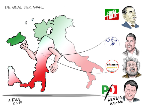 Cartoon: Wahl in Italien (medium) by Ago tagged italien,parlamentswahlen,2018,rechtsruck,populisten,berlusconi,forza,italia,salvini,lega,grillo,fuenf,sterne,renzi,karrierist,spaltung,partito,democratico,schwaechung,wahlgesetz,wahrscheinlich,schwierige,regierungsbildung,zersplitterung,land,abhauen,unserioese,politiker,politik,karikatur,cartoon,pressezeichnung,illustration,tale,agostino,natale,italien,parlamentswahlen,2018,rechtsruck,populisten,berlusconi,forza,italia,salvini,lega,grillo,fuenf,sterne,renzi,karrierist,spaltung,partito,democratico,schwaechung,wahlgesetz,wahrscheinlich,schwierige,regierungsbildung,zersplitterung,land,abhauen,unserioese,politiker,politik,karikatur,cartoon,pressezeichnung,illustration,tale,agostino,natale