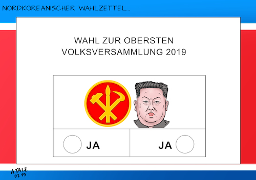 Cartoon: Wahl in Nordkorea (medium) by Ago tagged nordkorea,wahl,parlament,volksversammlung,kim,jong,un,blockpartei,einheitspartei,scheinwahl,farce,diktatur,politik,karikatur,cartoon,pressezeichnung,illustration,tale,agostino,natale,nordkorea,wahl,parlament,volksversammlung,kim,jong,un,blockpartei,einheitspartei,scheinwahl,farce,diktatur,politik,karikatur,cartoon,pressezeichnung,illustration,tale,agostino,natale