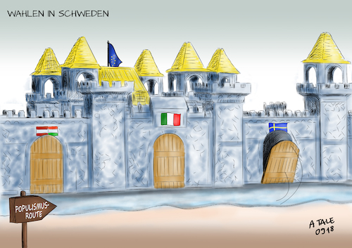 Cartoon: Wahl in Schweden (medium) by Ago tagged parlamentswahlen,schweden,umfragen,verluste,traditionsparteien,rechtsruck,gewinne,rechtspartei,europafeindlich,schwedendemokraten,fremdenfeindlichkeit,nationalismus,populismus,ausgrenzung,abschottung,burg,intoleranz,flüchtlinge,asyl,migration,politik,karikatur,cartoon,pressezeichnung,illustration,tale,agostino,natale,parlamentswahlen,schweden,umfragen,verluste,traditionsparteien,rechtsruck,gewinne,rechtspartei,europafeindlich,schwedendemokraten,fremdenfeindlichkeit,nationalismus,populismus,ausgrenzung,abschottung,burg,intoleranz,flüchtlinge,asyl,migration,politik,karikatur,cartoon,pressezeichnung,illustration,tale,agostino,natale