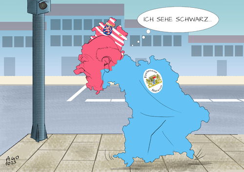 Cartoon: Wahlen in Bayern und Hessen (medium) by Ago tagged landtagswahlen,bayern,hessen,favoriten,ministerpräsidenten,markus,söder,csu,boris,rhein,cdu,herausforderin,spd,innenministerin,nancy,faeser,ampel,koalition,berlin,regierung,olaf,scholz,kanzler,bundespolitik,stimmungstest,schlechte,umfragewerte,prognosen,bundesländer,karte,grenzen,wappen,politik,karikatur,cartoon,pressezeichnung,illustration,ago,agostino,natale,landtagswahlen,bayern,hessen,favoriten,ministerpräsidenten,markus,söder,csu,boris,rhein,cdu,herausforderin,spd,innenministerin,nancy,faeser,ampel,koalition,berlin,regierung,olaf,scholz,kanzler,bundespolitik,stimmungstest,schlechte,umfragewerte,prognosen,bundesländer,karte,grenzen,wappen,politik,karikatur,cartoon,pressezeichnung,illustration,ago,agostino,natale