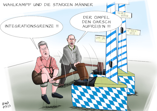 Cartoon: Wahlkampf in Bayern (medium) by Ago tagged landtagswahl,bayern,ministerpräsident,markus,söder,csu,rede,parteitag,wiederwahl,parteichef,vize,freie,wähler,hubert,hubsi,aiwanger,wahlkampf,überbieten,scharfe,töne,parolen,agitation,migration,flüchtlingspolitik,populismus,regierung,berlin,ampel,politik,karikatur,cartoon,pressezeichnung,illustration,ago,agostino,natale,landtagswahl,bayern,ministerpräsident,markus,söder,csu,rede,parteitag,wiederwahl,parteichef,vize,freie,wähler,hubert,hubsi,aiwanger,wahlkampf,überbieten,scharfe,töne,parolen,agitation,migration,flüchtlingspolitik,populismus,regierung,berlin,ampel,politik,karikatur,cartoon,pressezeichnung,illustration,ago,agostino,natale