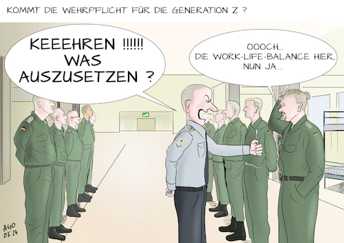 Cartoon: Woke Wehrpflicht (medium) by Ago tagged wehrdienst,wiedereinführung,bundeswehr,berufssoldaten,deutschland,forderungen,debatte,verteidigungsminister,pistorius,wahlkampf,csu,söder,interview,konflikte,kriege,wehrhaftigkeit,verteidigungsfall,kritik,generation,lebensqualität,arbeit,zweitrangig,work,life,balance,wokeness,zeitgeist,drill,disziplin,szene,film,full,metal,jacket,politik,caricature,karikatur,cartoon,pressezeichnung,illustration,ago,agostino,natale,wehrdienst,wiedereinführung,bundeswehr,berufssoldaten,deutschland,forderungen,debatte,verteidigungsminister,pistorius,wahlkampf,csu,söder,interview,konflikte,kriege,wehrhaftigkeit,verteidigungsfall,kritik,generation,lebensqualität,arbeit,zweitrangig,work,life,balance,wokeness,zeitgeist,drill,disziplin,szene,film,full,metal,jacket,politik,caricature,karikatur,cartoon,pressezeichnung,illustration,ago,agostino,natale