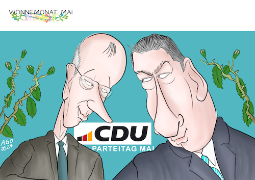 Cartoon: Wonnemonat (medium) by Ago tagged cdu,christdemokraten,parteitag,europawahl,wiederwahl,friedrich,merz,parteivorsitzender,gastredner,csu,chef,markus,söder,harmonie,geschlossenheit,kanzlerkandidatur,rivalität,unterdrückt,still,halten,zweckbündnis,bundestagswahl,mai,rosen,dornen,politik,karikatur,cartoon,pressezeichnung,illustration,ago,agostino,natale,cdu,christdemokraten,parteitag,europawahl,wiederwahl,friedrich,merz,parteivorsitzender,gastredner,csu,chef,markus,söder,harmonie,geschlossenheit,kanzlerkandidatur,rivalität,unterdrückt,still,halten,zweckbündnis,bundestagswahl,mai,rosen,dornen,politik,karikatur,cartoon,pressezeichnung,illustration,ago,agostino,natale