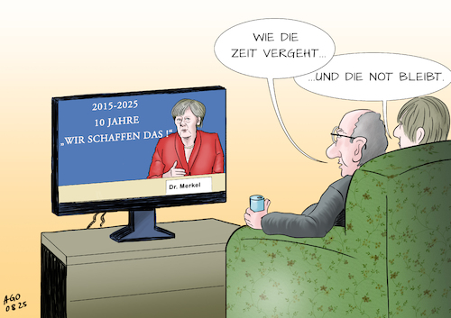Cartoon: Ziemlich geschafft (medium) by Ago tagged deutschland,eu,merkel,altkanzlerin,wir,schaffen,das,flüchtlingspolitik,willkommenskultur,balkanroute,migration,flucht,krisengebiete,debatten,diskussionen,kritik,polemisch,populismus,zitat,historisch,fernseher,paar,politik,caricature,karikatur,cartoon,pressezeichnung,illustration,ago,agostino,natale,deutschland,eu,merkel,altkanzlerin,wir,schaffen,das,flüchtlingspolitik,willkommenskultur,balkanroute,migration,flucht,krisengebiete,debatten,diskussionen,kritik,polemisch,populismus,zitat,historisch,fernseher,paar,politik,caricature,karikatur,cartoon,pressezeichnung,illustration,ago,agostino,natale