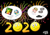 Cartoon: Zwiespältige Aussichten 2020 (small) by Ago tagged jahreswechsel,2020,silvester,neujahr,aussicht,vorschau,zwiespalt,events,freude,beethoven,fußball,em,europameisterschaft,sport,kultur,olympia,negative,ereignisse,klimapolitik,usa,wahl,präsident,trump,konflikte,kriege,politik,caricature,karikatur,cartoon,pressezeichnung,illustration,tale,agostino,natale