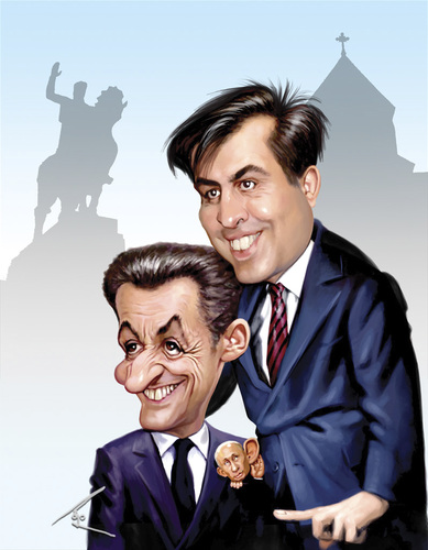 Cartoon: Sarkozy Putin Saakashvili (medium) by besikdug tagged karikature,prezident,georgia,russia,france,besikdug,saakashvili,putin,sarkozy,caricature