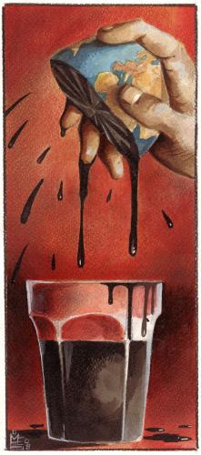 Cartoon: Black juice (medium) by matteo bertelli tagged oil,illustration,illustration,öl,schwarz,saft,orange,zitrone,erde,welt,glas,trinken,pressen,auspressen,energie,rohstoffe,ressourcen,planet