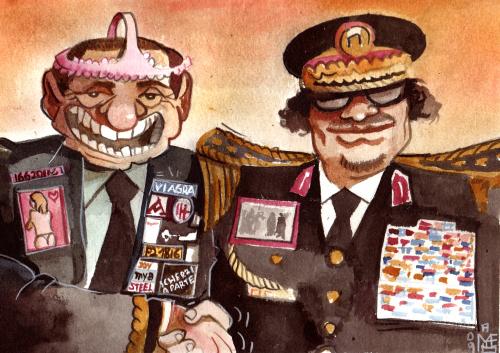 Cartoon: colonel and the cavaliere (medium) by matteo bertelli tagged berlusconi,gheddafi